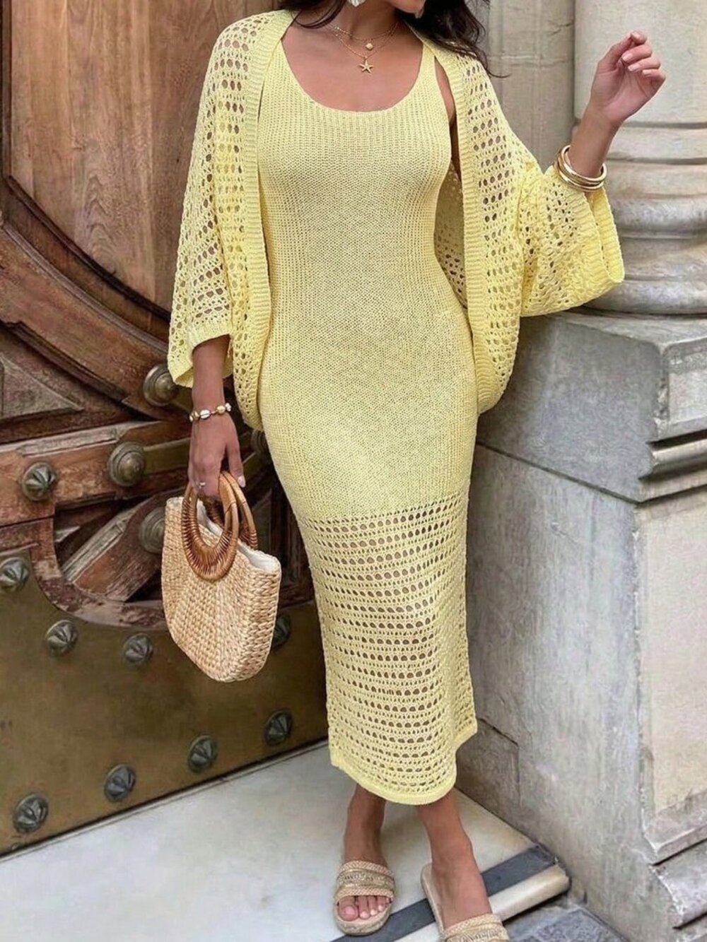 Yellow Boho Women's Outfit with Hollow-Out Shawl & Spaghetti Strap Dress